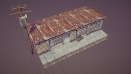 Storage Building 01 storage, power, prop, garage, ready, game-ready, power-up, wooden-pole, electricity-connector, asset, game, house, building, storage-building, garage-building, power-lines