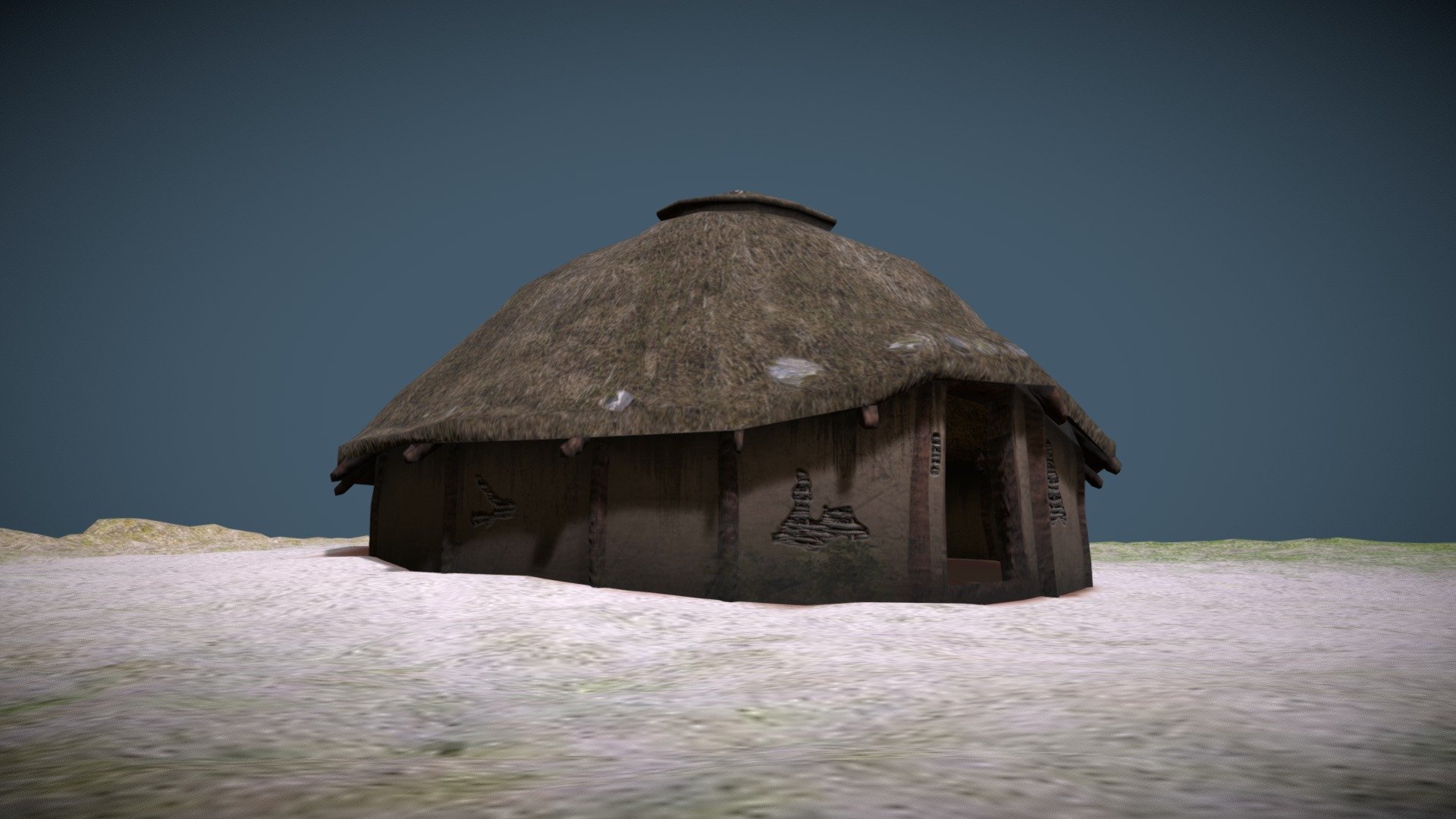 Typicaly these houses were less than 10 Metres in Diamater - the roofs were made of woven  hazel or similar pliable wood and covered in moss thatch. There was no chimney as such - smoke typically evaporated through the thatch roof, while the moss providede ample cover from rain. It is likely the intereior waals were further insualted with starw or for the more well to do woeven woold clooth blankets 3d model