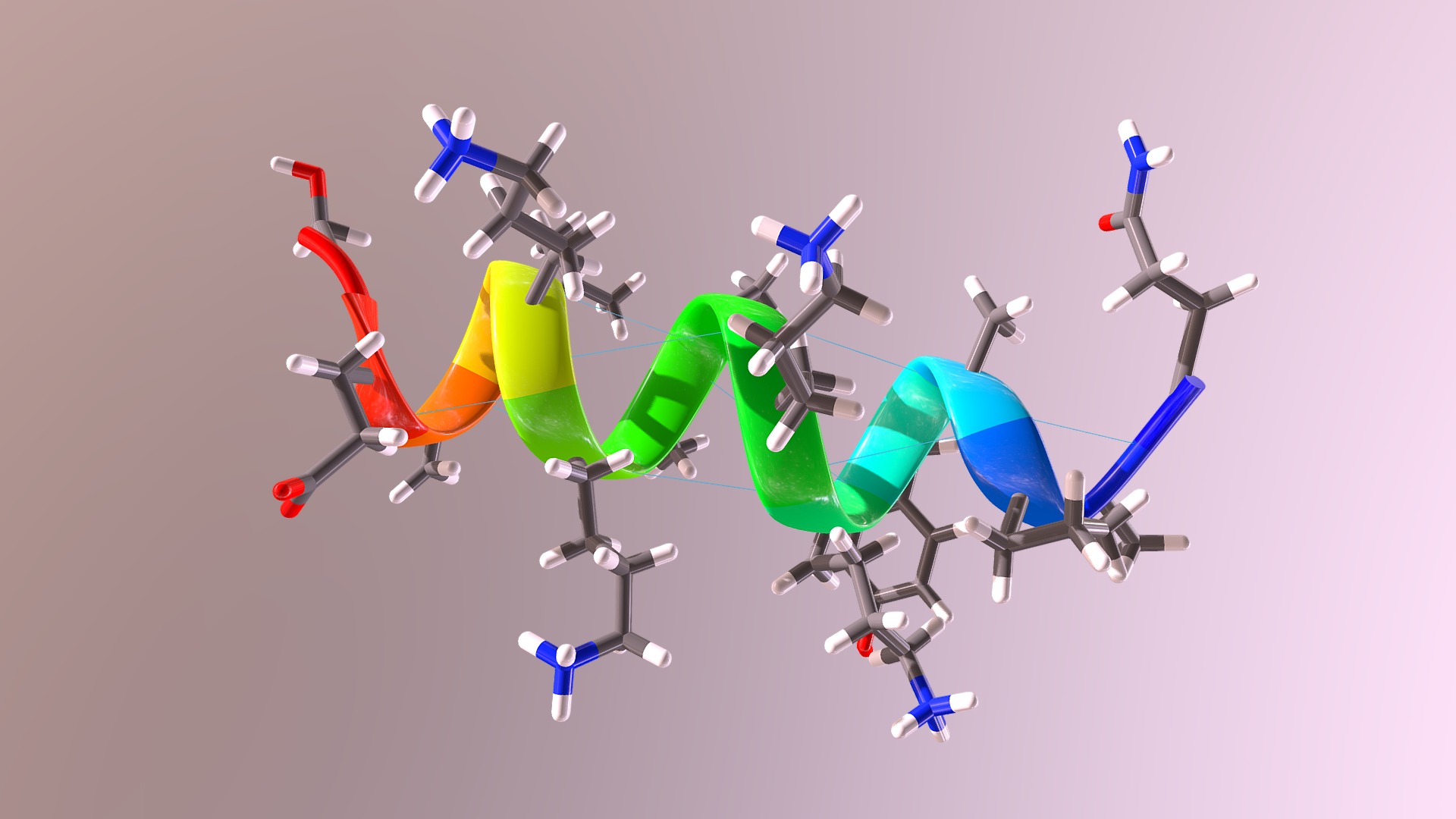 Image created from the NMR Structure of a short polypeptide chain adopting an alpha-helix geometry (1DN3) from the RCSB PDB Database.Roland Montserret, Michael J. McLeish, Anja Böckmann, Christophe Geourjon, and François Penin, &ldquo;Involvement of electrostatic interactions in the mechanism of peptide folding induced by sodium dodecyl sulfate binding.