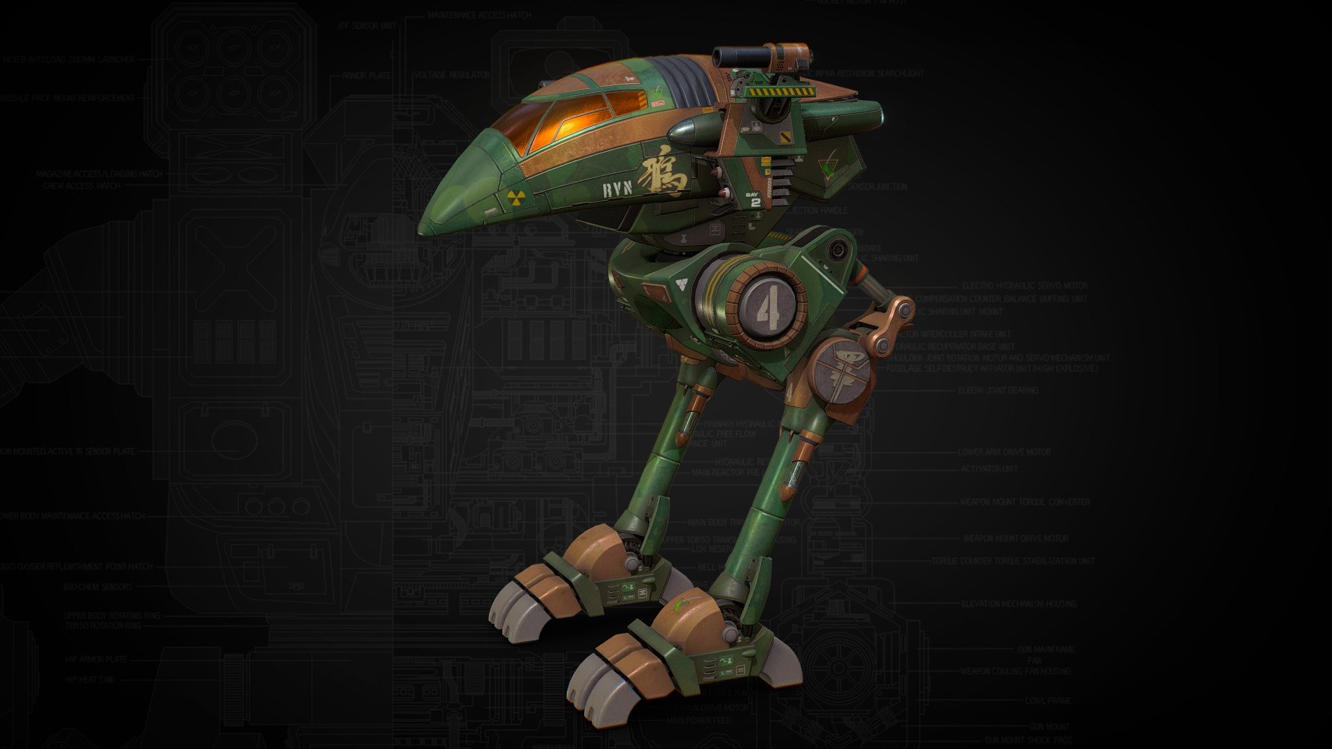 RVN-3L Raven of House Liao, Battle Mech design from MechCommander.

This 35 tons variation packed with dual M. Laser, SRMs, and NARC missile beacon.
Originally developed and produced by house Liao, The Raven is a light-weight electronic warfare BattleMech which, when it first debuted after the end of the Third Succession War, was one of the first truly original &lsquo;Mech designs produced in centuries.

Optimized for next-gen engines, this asset boasts meticulously 4K detailed textures and an astonishing polygon count of over 100k triangles 3d model