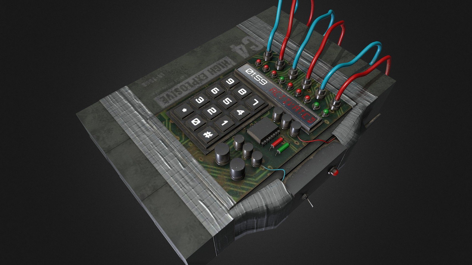 Watch the Tutorial here: [https://www.youtube.com/watch?v=Tdd2iiff_ow]

This 3d is available in lowpoly model. The model works perfectly in close-ups and high quality renders. Game-ready, suitable for any modern game-engine such as Unity or Unreal Engine. It was originally modelled in 3ds Max 16, textured in Substance Painter and rendered with Marmoset Toolbag 3.

What is in the archive: MAX_16; OBJ; FBX ; Textures (2k resolution)

Features: Model resolutions are optimized for polygon efficiency. Model is fully textured with all materials applied. All textures and materials are included and mapped in every format. Autodesk 3ds Max models grouped for easy selection &amp; objects are logically named for ease of scene management. No cleaning up necessary, just drop model into your scene and start rendering. No special plugin needed to open scene.

Textures formats: Jpeg (2K) - C4 Explosive with Detonator  [Tutorial Included] - Buy Royalty Free 3D model by ninashaw 3d model