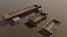 Medieval Trough Set food, animals, medieval, trough, wood, animal-food, animal-pen
