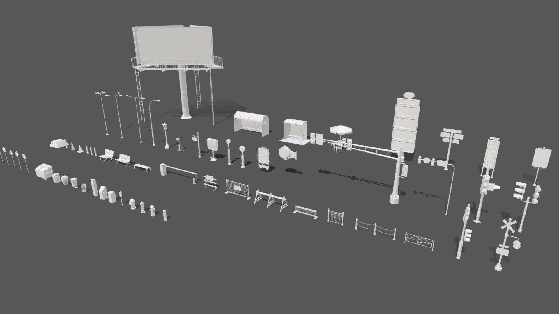 Get pack -https://www.artstation.com/a/4959029

60 pieces of street asset




clean quad and close mesh

middle poly

include max(2018), blend(2.81), fbx, obj and stl files

no UW map, no materials and textures

poly  - 735725

verts - 672719 - Street Collection 2 - 60 pieces - 3D model by 3d.armzep 3d model