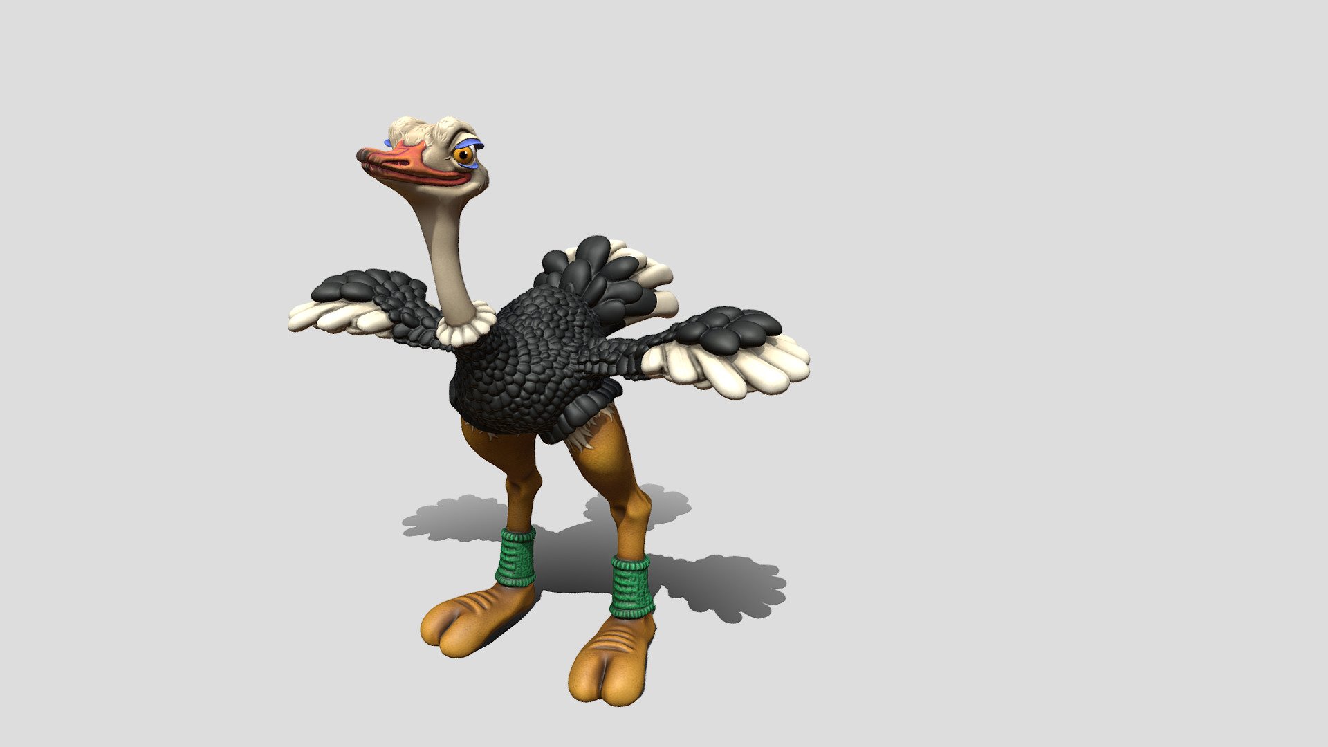This is an Ostrich 3D model I created using Curvy 3D, ZBrush, 3DCoat and Krita. The model is not rigged. It is retopologised and uv mapped. The Normal map has been baked from the sculpted model but I have painted it so it works without as well. Textures are 4K for the ostriches body and 1K for the eyes. I made the UV's for the eyes seperate incase you would like to use different eyes with the model 3d model