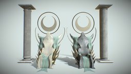 Throne of Sol rome, sculpt, moon, greek, ancient, sol, cloth, zeus, throne, pillar, sun, columns, metal, fire, mythology, roman, alien, fabric, crescent, gods, greek-mythology, nft, render, art, fantasy