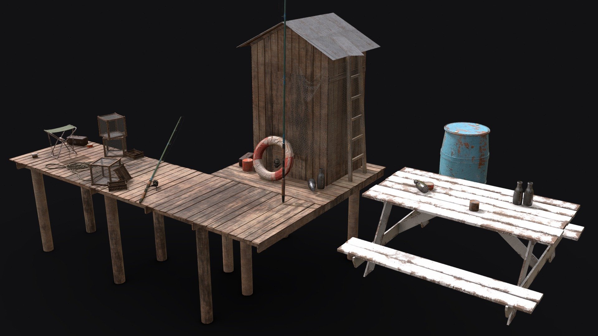 Fisherman's platform near the lake Low-poly game-ready 3D model. All textures are a minimum un 256x256 pixels resolution and maximum 4096x4096 pixels resolution. Models have PBR textures and procedural shaders.

Advantages:




High-quality polygonal model, correctly scaled to accurately represent the original object.

Model's resolutions are optimized for polygon efficiency.

All colors can be easily modified.

The model is fully textured with all materials applied.

All textures and materials are included and mapped in every format.

materials and textures are correctly named and it is easy to understand

No special plugin is needed to open the scene.

The Model does not include any backgrounds or scenes used in preview images.

models are Low-Poly
 - Fishermans platform near the lake | Pier - Buy Royalty Free 3D model by Boriss Kokorins (@boriss) 3d model