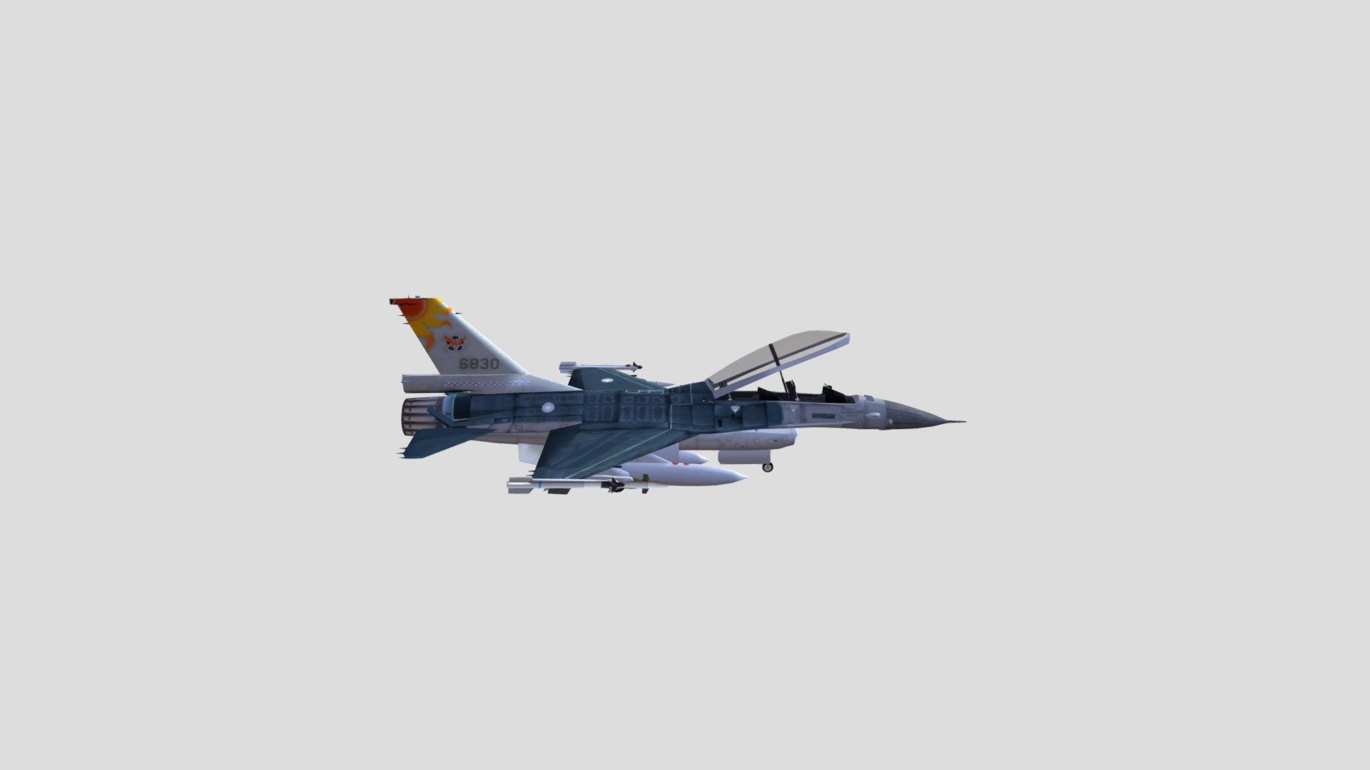 Animated low polygon 3d model of Taiwan Air force F 16 B Block 15(MLU) made in 3ds max 2009. Low polygon model for games available with complete textures, materials &amp; detailed pictures for presentation. Animation can be changed in source file according to the requirements - F16B MLU Taiwan - 3D model by Bakhtoo83 3d model