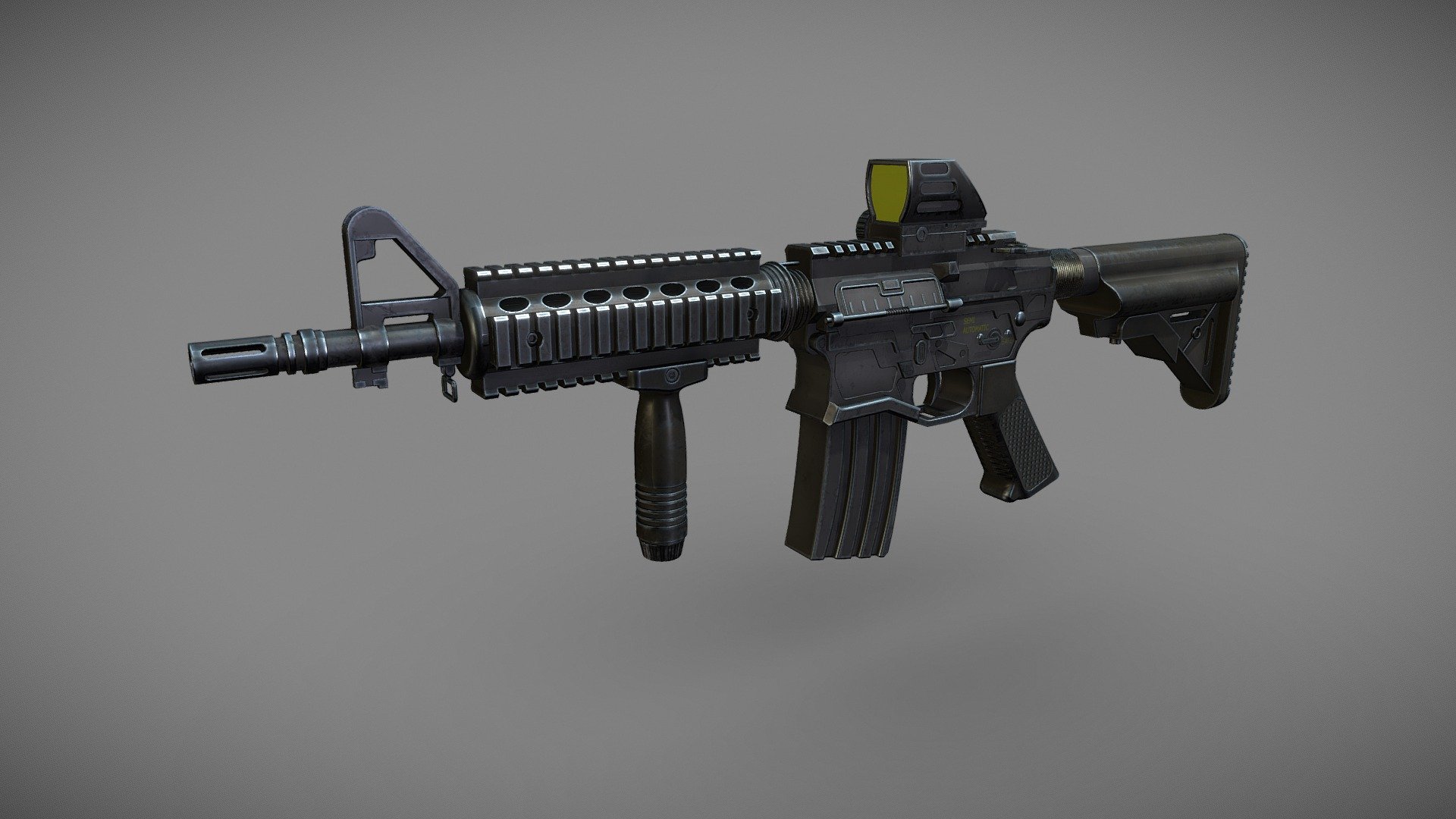 The M4 Carbine is a 5.56×45mm NATO, air-cooled, gas-operated, direct impingement, magazine-fed carbine. It has a 14.5 in (370 mm) barrel and a telescoping stock. It is essentially a lighter and shorter variant of the M16A2 assault rifle.

This model was created in fusion 360, The model has uvs and textures applied, The model is high poly and The textures was created in substance painter, The model is custom built not fully based on the m4, The model uvs was created in 3ds max. The low poly game version, i will upload soon. 

Please leave a like and subscribe for more models coming soon 3d model