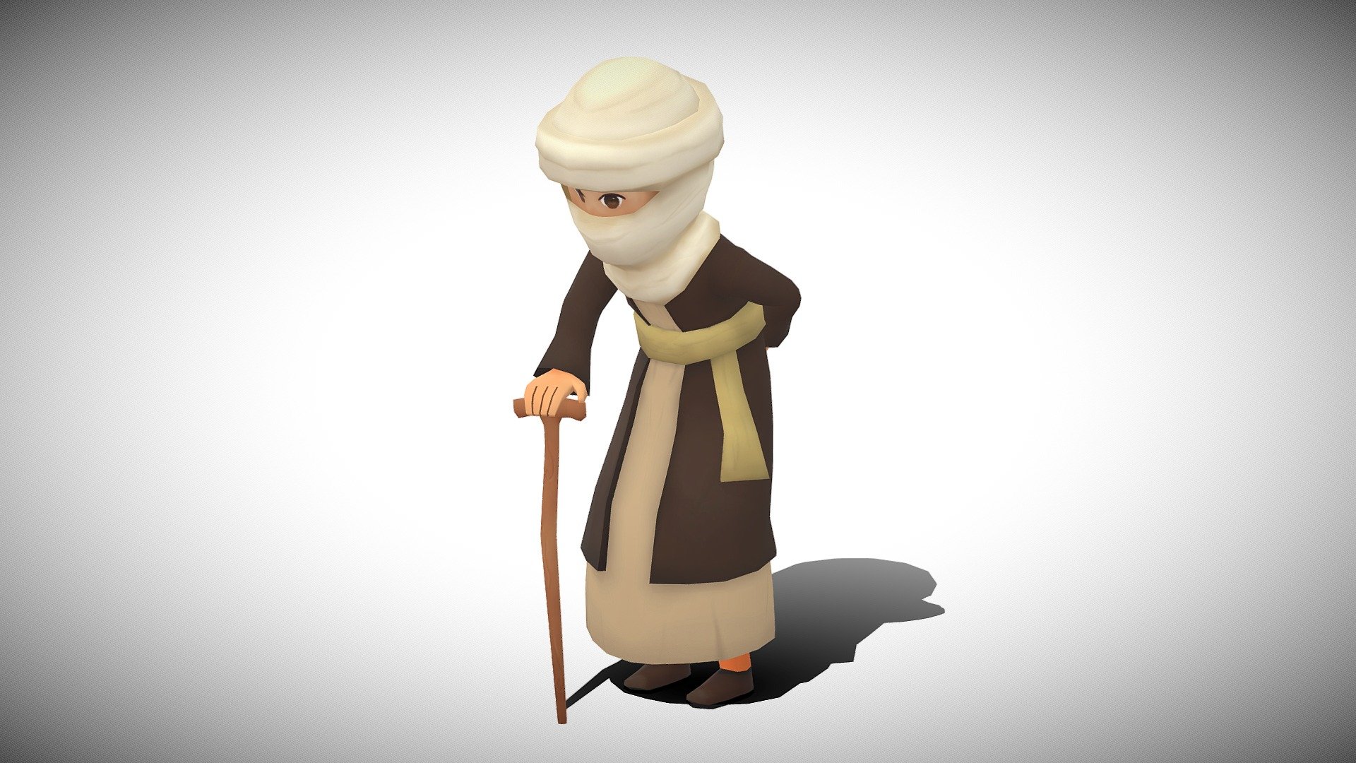 Highly optimized, rigged, and animated.

Polygon Count: 934

Triangle Count: 1830



Color Variants:

• Desert People Elder Black

• Desert People Elder Blue

• Desert People Elder Brown

• Desert People Elder Yellow



Animations:

• Idle

• Idle2

• Idle3

• Run

• Run2

• Run3

• Walk

• Walk2

• Walk3



Removable Parts:

• Walking Stick

(Object can be disabled in the hierarchy if needed for story/character upgrade)



Support

Your satisfaction is my top priority! 

If you need any support or have any suggestions, kindly send us an email, and we will get back to you immediately (usually within 24hr).

Please leave a review if you are satisfied with the product. It will help us create more for you :) - Stylized NPC - Desert People Elder - Buy Royalty Free 3D model by Winged Boots Studio (@wingedbootsstudio) 3d model
