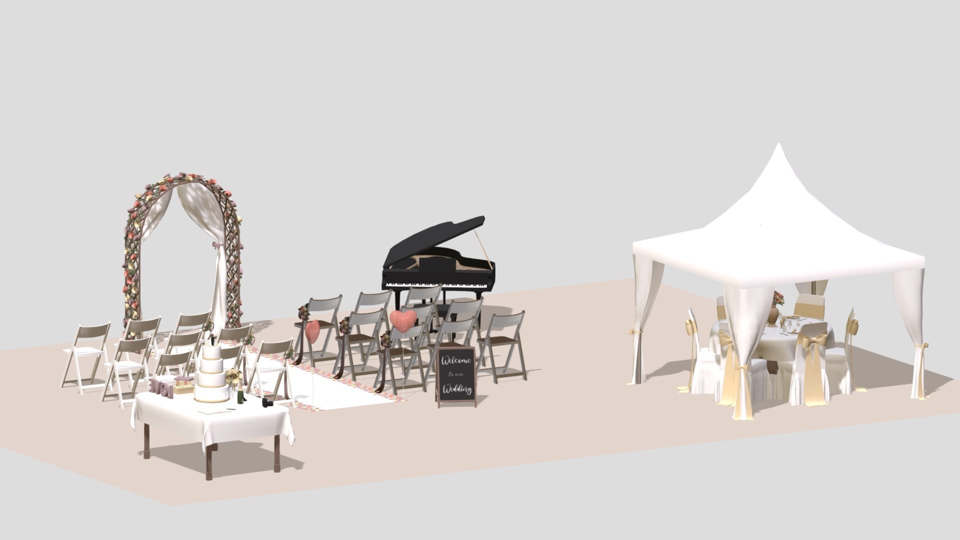 Hello everyone !

I am pleased to present this outdoor wedding that will blend into any decor of this style! You can integrate this 3d model into all your games or animations and create a unique decor of which only you have the secret ! This pack contains:

Wedding arch
Chairs
Flowers
Sign
Balloons
Aisle
Piano
Tent
Tables
Tablecloth
Gifts
Tableware
Vase
Champagne bottle
Camera
Gust book
Wedding ring
Candle
Petals
Wedding cake
In fact, everything you see in the images above. Let yourself be carried away by your imagination ! Enjoy !

Made with blender - Outdoor Wedding - Buy Royalty Free 3D model by ApprenticeRaccoon 3d model