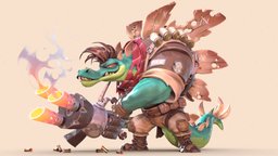 Stego Soldier dae, spikes, unreal, flamethrower, crash, reptile, stego, crashbandicoot, howest, scalie, maya, character, zbrush, stylized, monster, gamemodel, dragon, gun, villain, dinosaur, dino, gameready, evil, 2023, daesdc2021, daesdc2021character, noai, daesdc2023, daesdc2023character