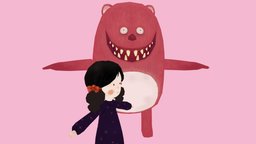 Girl and Pink_monster ...Lori drawing, creepy, nice, pink, mosnter, turkish, lori, low-poly, cartoon