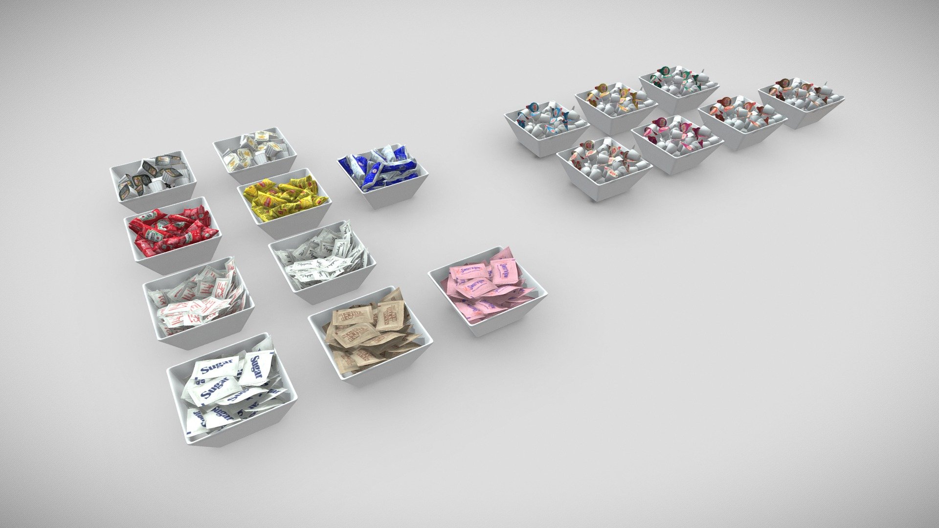An array of condiments useful for architectural visualizations of cafes, coffee shops, restaurants and other commercial foodservice spaces.

Note: The product does not come with a scene, camera or lights. It only includes the 3D model.

Polygons: 707320 Vertices: 1705650

Condiments include:




Syrups (2)

Ketchup

Mustard

Mayo

Salt

Pepper

Sugar

Sugar in the Raw

Sweet n Low

Coffee Mate (7)
 - Condiments Pack - Buy Royalty Free 3D model by Vadya_Rus 3d model