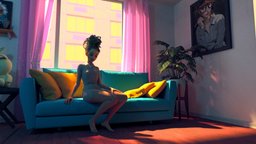 cozy scene, toon, cute, baked, sunny, diorama, cozy, girl