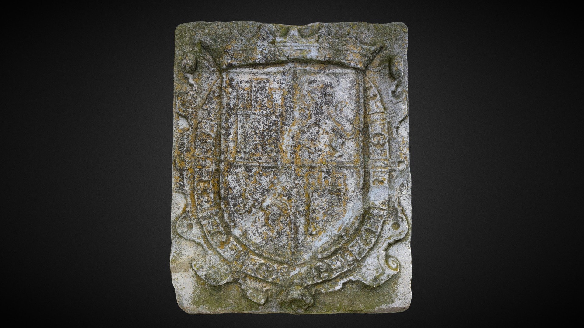 Antiguo escudo de la ciudad de Carrión de los Condes, cuartelado con 2 carros cuyas lanzas se miran y sendos castillos. Puede verse hoy en uno de los jardines de la población pero originalmente estaba situado en el antiguo arco sobre el puente mayor, construido en 1610. Estaba formado por un arco de medio punto sobre el que se situaban 2 escudos, uno en cada frente. Éste, mirando hacia el río y el de Carrión mirando hacia la población, rematado en sus laterales con dos esferas pétreas y coronado con una cruz. Bajo este escudo figuraba la inscripción «Reinando D. Felipe III y siendo corregidor D. Remírez de Arellano, Regidor de Toro, se acabó esta obra - Año 1610.»
En el primer cuarto del s. XX, con la generalización de los vehículos a motor se hizo necesario el ensanche del puente y la retirada del arco. Desgraciadamente, no fue simplemente trasladado como en otros lugares, sino que fue desmontado junto a los pretiles pétreos, usada esta piedra en otras obras de la ciudad 3d model