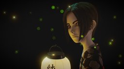 月 (Tsuki) hair, lantern, moon, japan, portrait, firefly, clothes, night, mood, procedural, kimono, substance-designer, fireflies, embroidery, akita, girl, 3dsmax, substance-painter