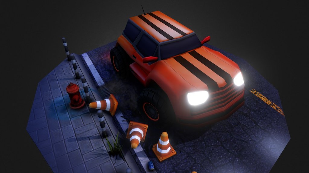 565 polygons for car , 170 polygons in smoke and  600 polygons for environment 3d model