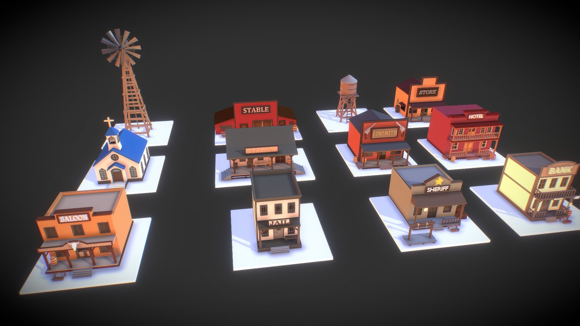 Low Poly Wild West Pack

♦ This pack includes: 


  ° Saloon
  ° Sheriff
  ° Bank
  ° Hotel
  ° Gunsmith
  ° Station
  ° Church
  ° Store
  ° Stable
  ° WindMill
  ° WaterTower

♦  Materials and textures.


 ° All materials included.
 ° All textures included.

♦ Attention


 ° Models tested in unity and unreal engine.
 ° Not printable.
 - Low Poly Wild West - Buy Royalty Free 3D model by Payne (@NeedLowPoly) 3d model