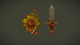 Swordsman earth set weapon plants, handpaint, earth, 3dcoat, weapon, blender, sword, shield