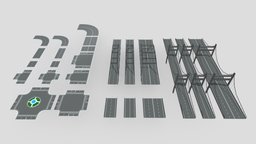 Bridge truck, dump, apartment, bus, turn, junction, skyscrapers, lanes, crossroads, cartoon, low, poly, house, home, car, city, building, street, container, bridge