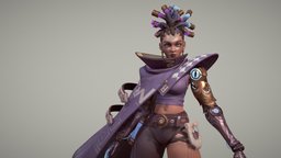 Robotic Hand Lady hair, sculpt, robotic, clothes, coat, shoes, metal, woman, glow, prosthetic, emissive, braids, scifi-character, girl, gold, noai