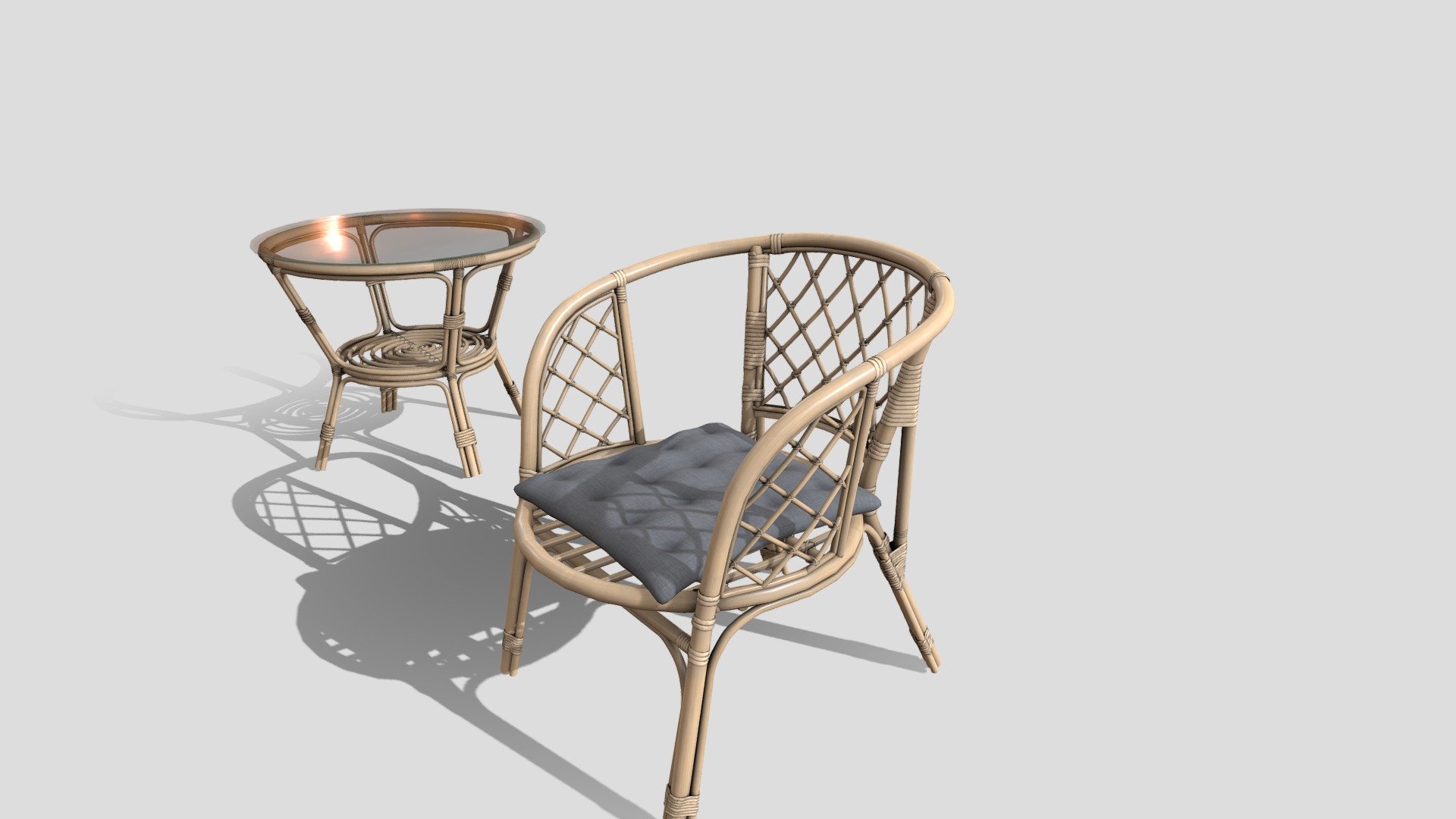 Realistic rattan furniture for your projects. Blender file included.
Rendered scene with rattan furniture: https://www.artstation.com/artwork/498PVk - Rattan Furniture - 3D model by joonanen 3d model