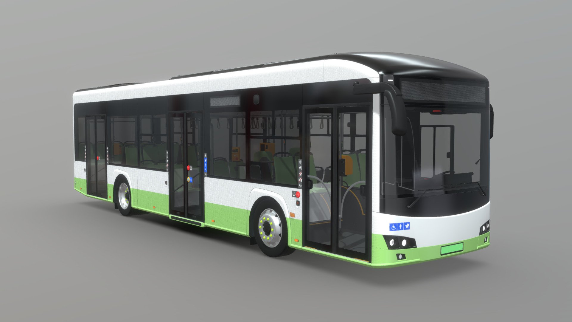 Model presents a new entry to my bus collection. It's a new member of a family of II generation buses which will include new original, high-poly design. This is a 12-meter version of an electric bus, which features new outward swinging, pneumatic doors. All batteries are placed on the roof, therefore number of seats could be increased. The bus offers 33 seats 3d model