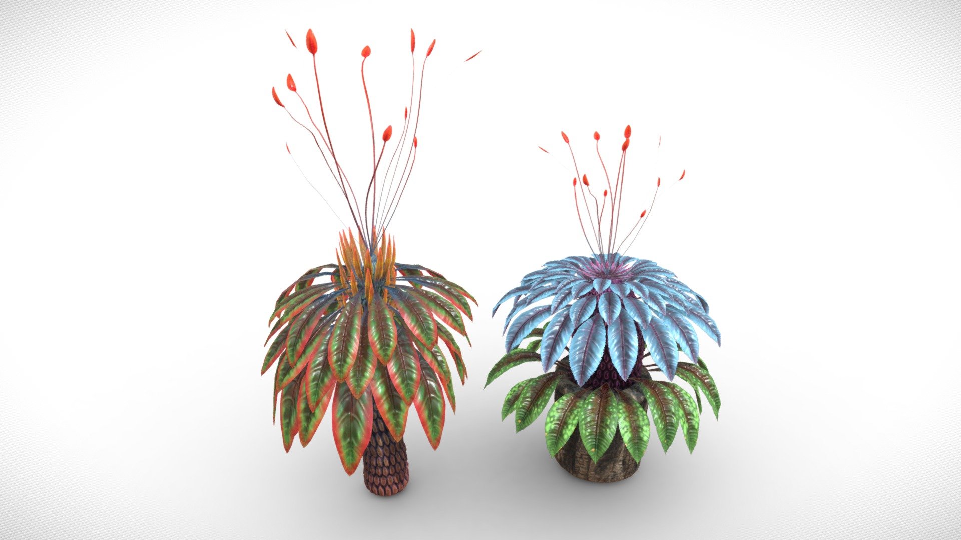 These meshes contain 2 UV Maps with 4096x4096 textures, and are optimized for videogames.
The leaf meshes have been cut around transparency to reduce overdraw of the opacity channel.

Textures are the following:
- Diffuse
- Roughness
- Normal Map
- Opacity
- Glow

Seperate FBX Files are included upon purchase - Alien Fantasy Plant - Peahen Bush - Buy Royalty Free 3D model by Davis3D 3d model