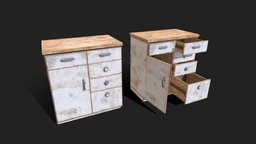 Old Cabinet wooden, white, vintage, painted, antique, dirty, drawer, cabinet, old, gameasset, wood, door, horror