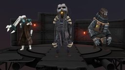 Robots hair, base, armor, humanoid, technical, cloth, mech, miniature, dynamic, manipulator, pipes, simulation, diorama, wires, location, dreadlocks, character, helmet, stylized, construction, robot