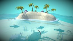 Low Poly Island shark, fish, caribbean, palm, dolphin, shipwreck, island, beach, nature, isla, gratis, delfin, seaweed, tiburon, low-poly, free