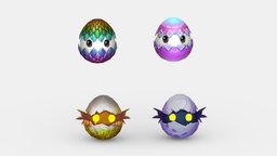 Cartoon eggshell monsters bird, chick, devil, egg, elf, chicken, elves, newborn, lowpolymodel, animal, monster