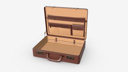 Leather briefcase open style, leather, case, lock, open, bag, classic, travel, brown, business, single, handle, accessory, suitcase, personal, briefcase, luggage, 3d, pbr