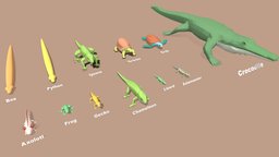 Reptiles,  Amphibians lowpoly turtle, chameleon, base, tortoise, mesh, assets, crocodile, basemesh, lizard, frog, pack, python, hybrid, models, part, gecko, salamander, reptiles, axolotl, iguana, amphibians, lowpoly, animal, rigged, boat, hypercasual