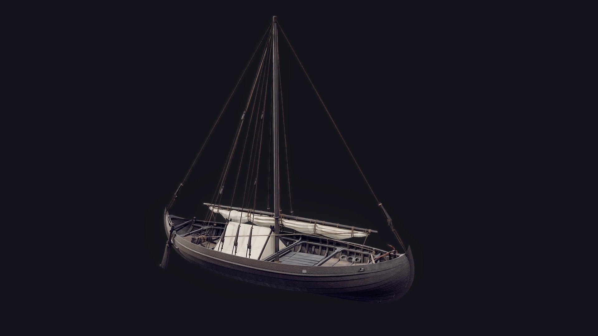 The Skuldelev ships are a group of five well preserved 11th century ships from the Viking period, found in the Roskilde Fjord in Denmark near the town of Skuldelev. Skuldelev 1 was a large ocean going ship, a trading vessel probably known as a Knarr. From analyzing the wood of the ship archaeologists were able to determine the ship had been built on the west coast of Norway around the 1030’s CE, and so ended it’s life far from where it was built. At some point in its life it had suffered massive damage which left it with a warped keel, and which necessitated significant reconstruction of the hull. This digital recreation is based on the ‘Ottar’, a full scale reconstruction made by the Roskilde Viking Ship Museum. The provision of a tent over the hold is hypothetical.

Length: 15.8 meters Breadth: 4.8 meters Draught: 1 meter Displacement: 20 tons Crew: 6-8 men

Further reading: https://www.vikingeskibsmuseet.dk/en/visit-the-museum/exhibitions/the-five-viking-ships/skuldelev-1 - Viking Cargo Ship - Skuldelev 1 - Buy Royalty Free 3D model by Opus Poly (@OpusPoly) 3d model