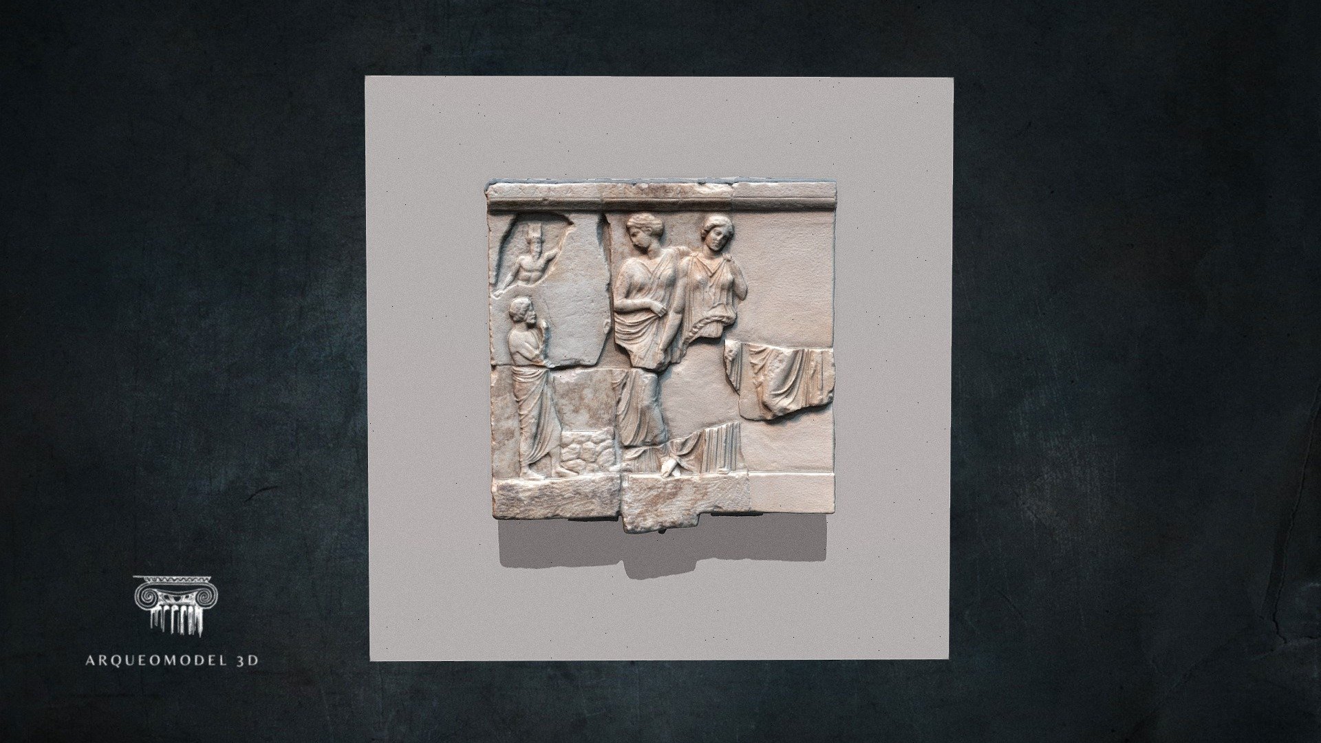 Sanctuary of the Nymphs and Pan. Dedication.

The dedicant Archandros, before an alatar, expresses his veneration to three Nymphs. The horned Pan emerges from a cave at top left.It was found in 1876 in the vicinity of the Sanctuary of Asklepios but it must have belonged to the nearby Sanctuary of the Nymphs and Pan. It is mended of five fragments and restored.

El dedicante Archandros, ante un alatar, expresa su veneración a tres Ninfas. Pan con cuernos emerge de una cueva en la parte superior izquierda.

Inventory number: ΕΑΜ 1329

Category: Sculpture

Period: Classical Period

Date: End of 5th cent. BC

Dimensions:

Height: 0.66 m
Length: 0.685 m

Material: Marble from Penteli

Location: Gallery of the Acropolis Slopes - Dedicant Archandros - Acropolis Museum | ATHENS - 3D model by Arqueomodel3D (@juanbrualla) 3d model