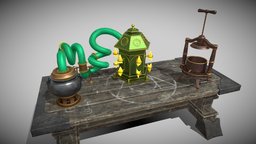 Alchemy table juicer, pipe, medieval, inn, tavern, table, crystals, mechanism, props, old, alchemy, substancepainter, game, blender, blender3d, cauldron, gameasset, stylized, magic, alchemytable