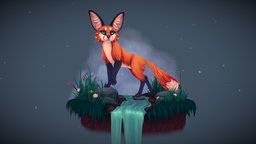 Curious Fox forest, grass, cute, river, flowers, 3dcoat, fox, fur, diorama, water, dandelion, woods, creek, handpainted, lowpoly, stylized