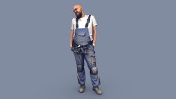 Bald Worker in Overalls Lifts His Shoulders people, standing, garage, knee, photorealistic, beard, protection, service, worker, labor, tool, professional, uniform, builder, photoreal, overalls, helper, bald, emotion, gloves, handyman, handsinpockets, coveralls, man, construction, beltbag