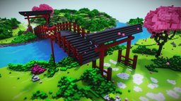 Japanese voxel garden tree, green, landscape, red, garden, japan, b3d, cherry, scenery, river, pink, sakura, water, stones, zen, bushes, petals, blender, blender3d, voxel, magicavoxel, bridge, japanese, noai