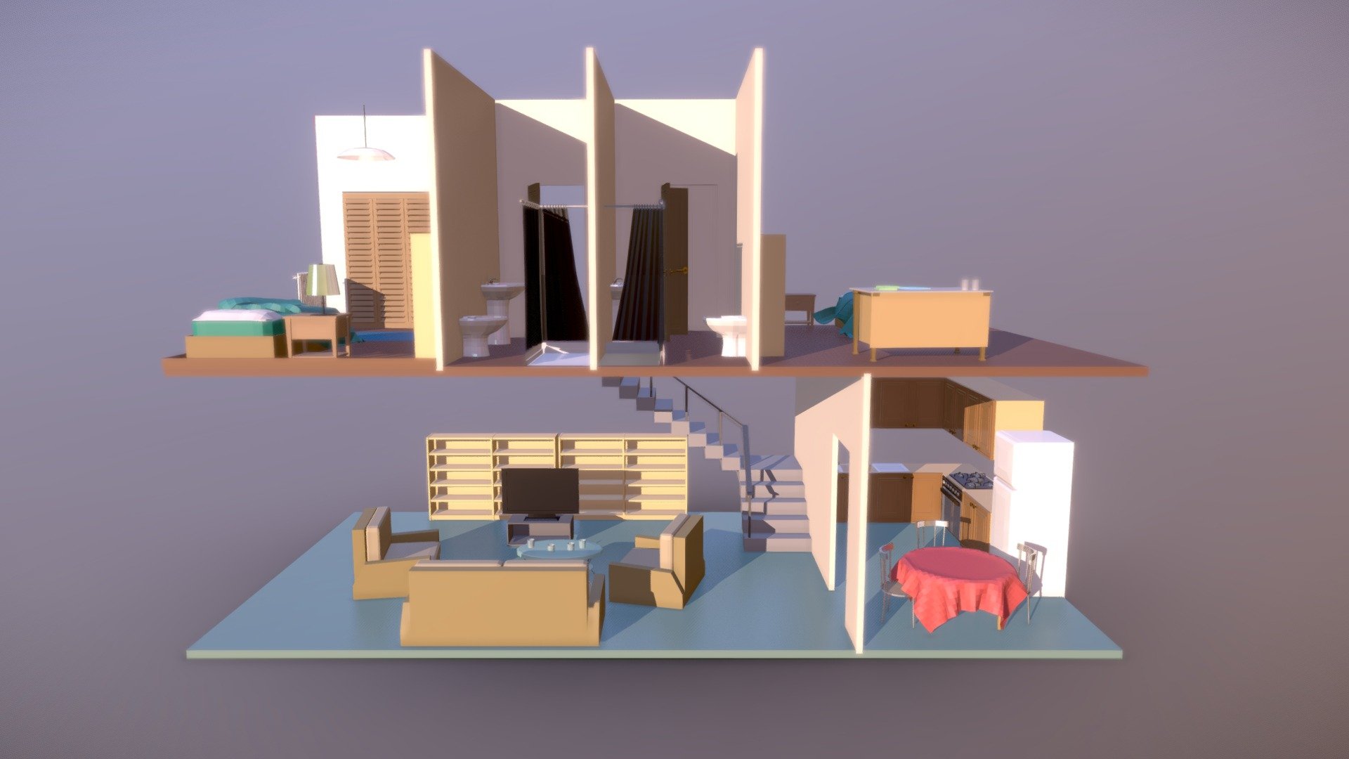 This is a completely furnished stylised house on two floors, with a kitchen, a living room, two bedrooms and two bathrooms.
You will find models like: 
- bed
- table with tablecloth
- shower
- stairs
- television
- kitchen paraphernalia
- many others&hellip; - Low Poly House Interior - Download Free 3D model by Paolo Mercogliano (@paolo.mercoglia) 3d model