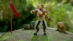 Minotaur Monk grass, monk, warrior, flag, fighter, minotaur, jump, fist, martial, anthropomorphic, movement, blender, substance-painter, animation, animated