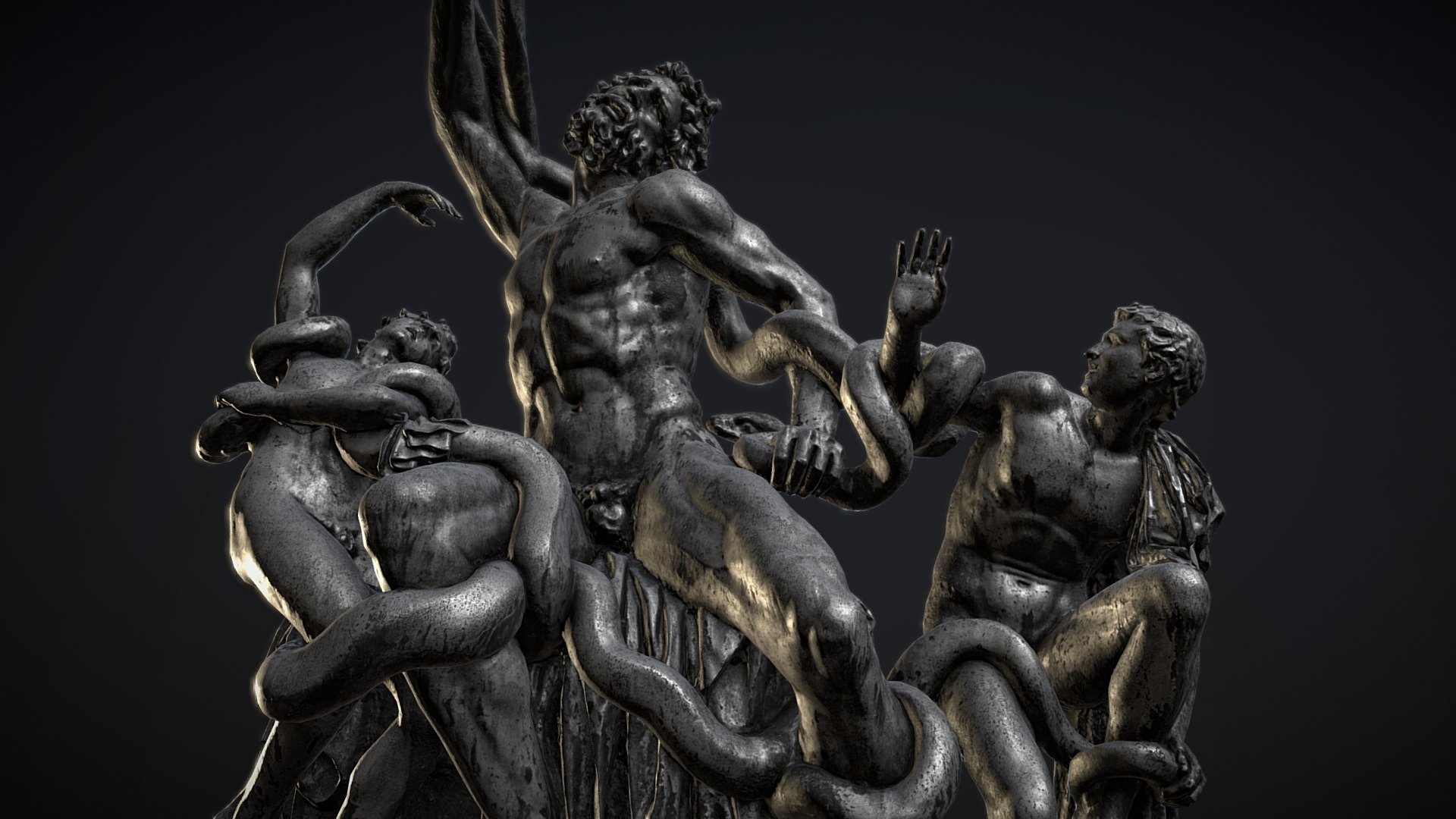 In Virgil, Laocoön was a priest of Poseidon who was killed with both his sons after attempting to expose the ruse of the Trojan Horse by striking it with a spear. In Sophocles, on the other hand, he was a priest of Apollo, who should have been celibate but had married.

This particular sculpture was made by the unknown artist and is a copy of the original work. 

3D scanned using photogrammetry in Hans Tausens Park in Copenhagen. Capturing of the scupture was done by 4 people/4 cameras by jointly dancing around the sculpture.

Reconstructed in Reality Capture from about 1000 images. 

 - Laocoon and His Sons - Download Free 3D model by Rigsters 3d model