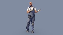 Bald Worker in Overalls Gestures people, standing, garage, knee, photorealistic, beard, protection, service, worker, labor, tool, uniform, builder, talking, photoreal, overall, overalls, bald, emotion, gloves, handyman, coveralls, man, construction, beltbag, gesticulate