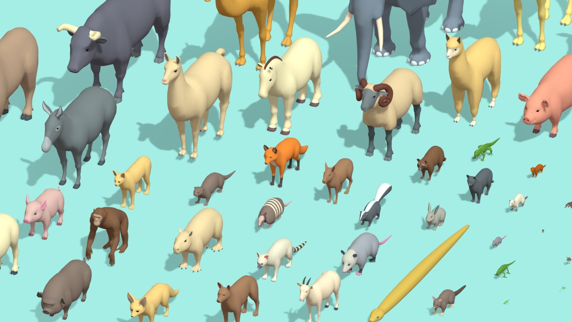 Welcome to the enchanting world of low poly wildlife with our amazing Animal Pack. This captivating collection of low poly animal models invites you to explore the diversity of the animal kingdom in a unique and minimalist form. Whether you're a game developer, a 3D artist or simply someone with a love for animals, this pack is your gateway to crafting virtual ecosystems teeming with charm and simplicity.

It has total 63 Animals:
Alpaca
Armadillo
Bactrian Camel
Bull
Camel
Capibara
Cat
Chameleon
Chinchilla Chipmunk
Cow (2 Varient)
Dog
Donkey
Elephant
Fennec Fox
Ferret
Flying Squirrel
Fox
Frog
Gecko
Genet
Gerbil
Goat
Guinea Pig
Hamster
Hedgehog
Horse
Iguana
Jerboa
Lizard
Ilama
Mantis
Miniature Pig
Mink
Monkey
Mouse
Opossum
Otter
Patagonian Cavy
Pig
Pony
Praire Dog
Python
Rabbit
Raccon
Ram Sheep
Rat
Reindeer
Salamander
Scorpion
Serval
Sheep
Skunk
Snail
Squirrel
Sugar Glider
Tarantula
Vietnamese Pig
Wallaby
Water Buffalo
Yark

Polycounts:
Vertices: 234.9
Triangles: 469.2 k

2048 x 2048 Color Palette Texture - 60+ Animals Assets Pack (Low poly) - Buy Royalty Free 3D model by Solo Productions (@Prisha2228) 3d model