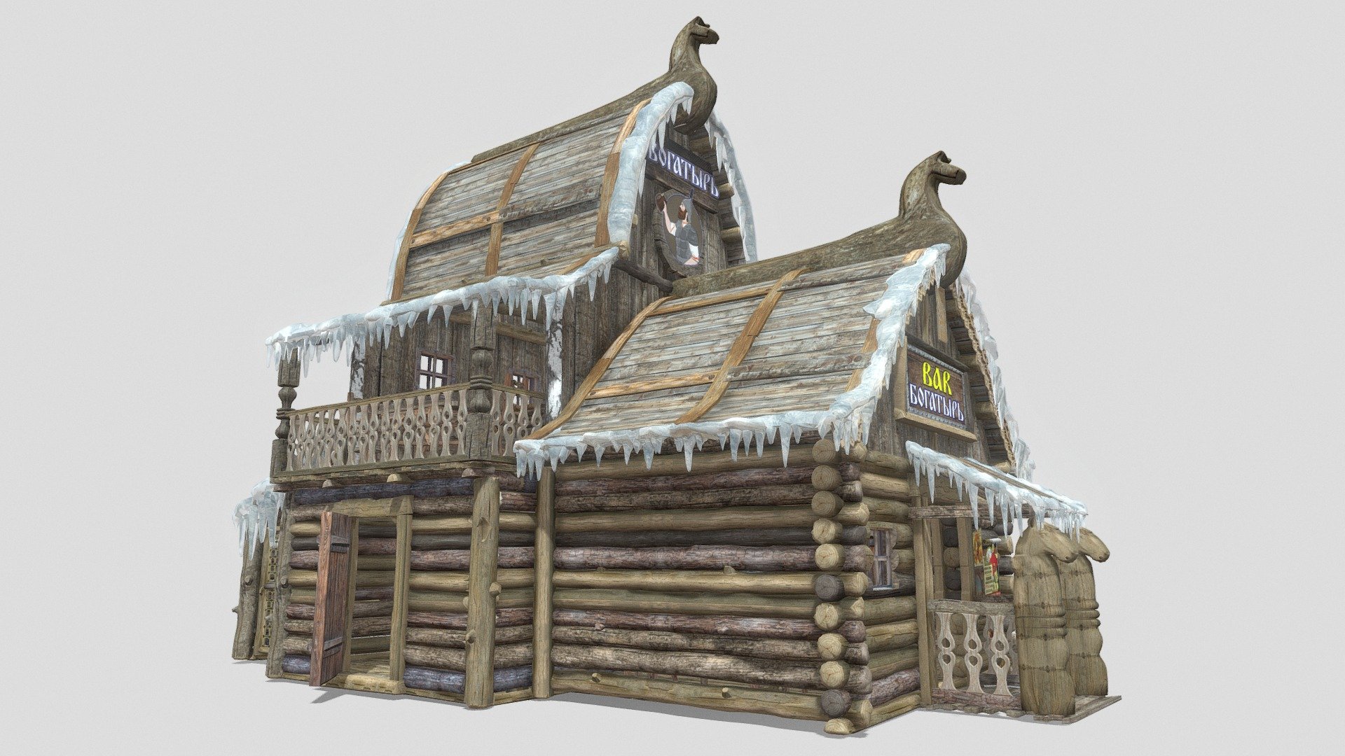 Optimised, game ready, designed inside model.

Tested in unity

Model includes: 
Bottles, Barrels, Furniture, Pictures, Bar logo, Advertisment papers.

Ice, Roof decor and other are separated from main part of model and easy can be removed
 - Medieval Bar / restaurant with decorations - Buy Royalty Free 3D model by Anton_Chemezov 3d model