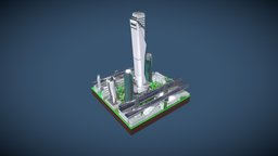 Stylized Futuristic Area 05 square, flying, cars, area, block, cyberpunk, metaverse, architecture, game, art, lowpoly, sci-fi, futuristic, city, stylized, building, construction, bridge, noai