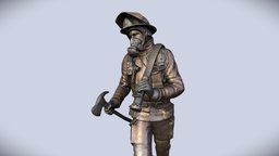 Firefighter Statue object, bronze, artwork, monument, prop, canada, figurine, bc, outdoor, statue, fire, firefighter, hose, richmond, britishcolumbia, asset, helmet, axe, human