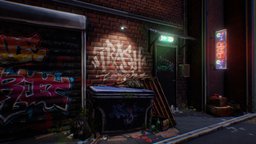 Dirty Street bar, lamp, paint, carton, tag, trash, can, bag, graffiti, garbage, dirty, neon, box, rubbish, handpainting, messy, filthy, graffiti-art, sketchfabweeklychallenge, substance, painter, maya, handpainted, modeling, game, gameart, low, poly, stone, city, wood, street, door