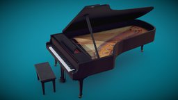 Piano instrument, grand, prop, vintage, 4k, fbx, old, baroque, sketchfabweeklychallenge, asset, game, blender, pbr, low, home, piano, decoration, interior, black